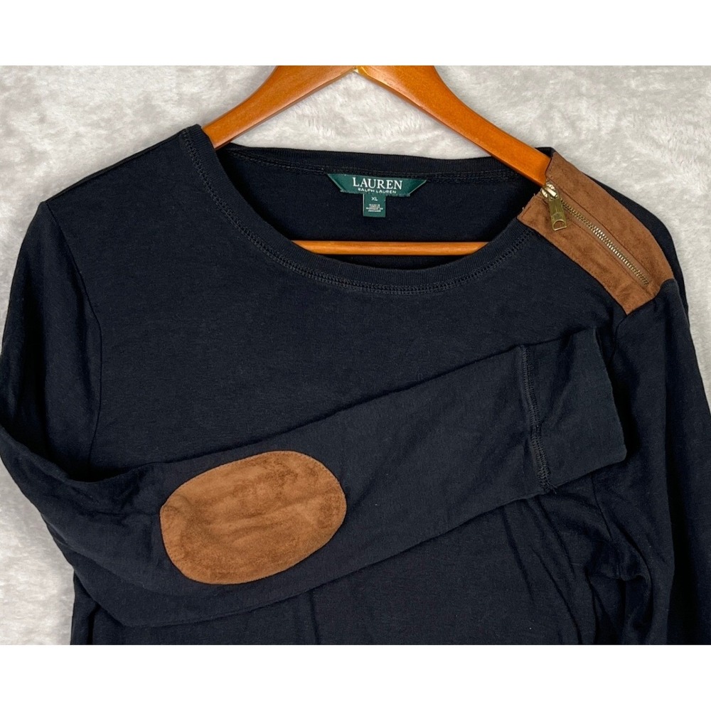 Lauren Ralph Lauren Black Long Sleeve Top XL Suede Elbow Patch Zipper Shoulder